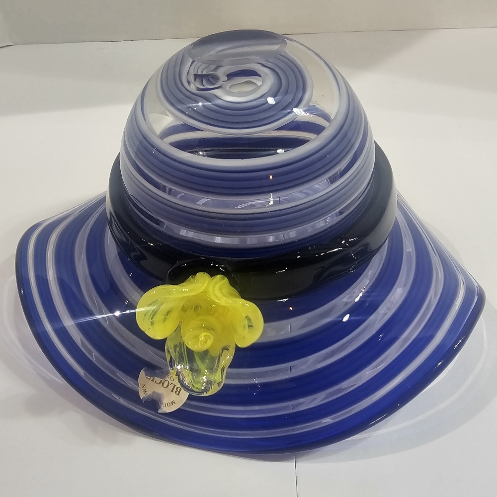 Vintage Block Hand Blown Swirl Art Glass Hat Blue Yellow Flower Dish Bowl apx 8"